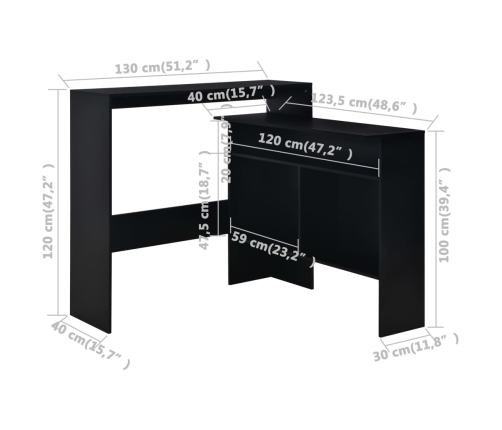 Mesa alta de bar con 2 tableros negro 130x40x120 cm