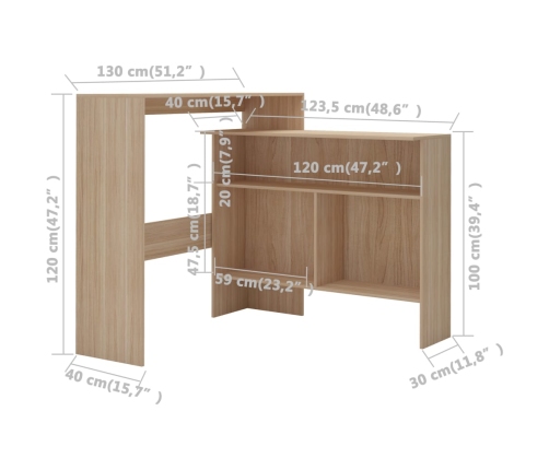 Mesa alta de bar con 2 tableros roble 130x40x120 cm