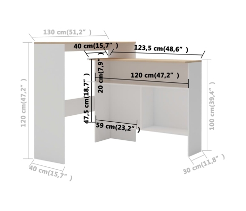 Mesa alta de bar con 2 tableros blanco y roble 130x40x120 cm