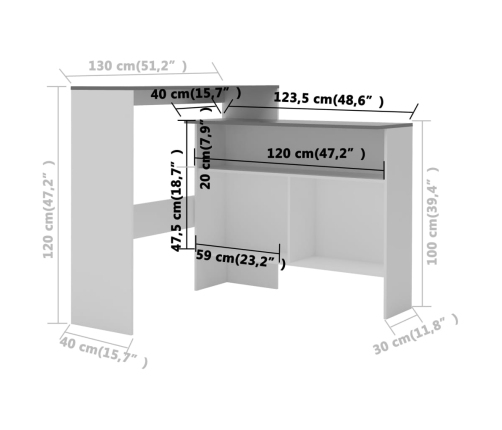 Mesa de bar con 2 tableros blanco y gris 130x40x120 cm