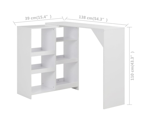 Mesa de bar con estantería móvil blanca 138x39x110 cm