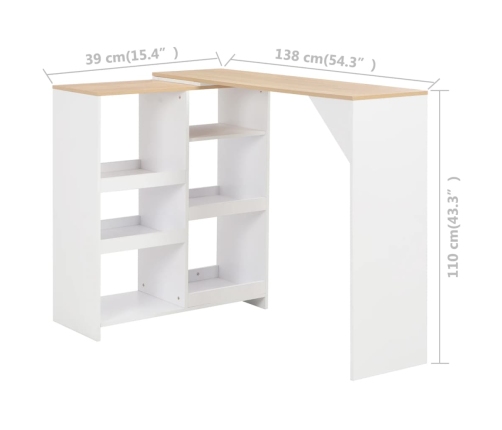 Mesa alta de bar con estante móvil blanca 138x39x110 cm