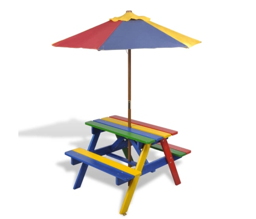 Mesa de picnic y bancos de niños y sombrilla madera multicolor