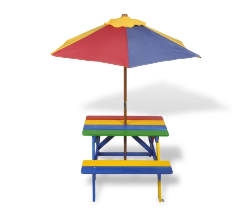 Mesa de picnic y bancos de niños y sombrilla madera multicolor