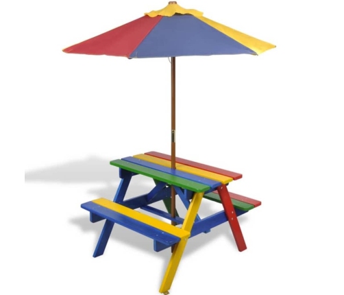 Mesa de picnic y bancos de niños y sombrilla madera multicolor