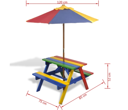 Mesa de picnic y bancos de niños y sombrilla madera multicolor