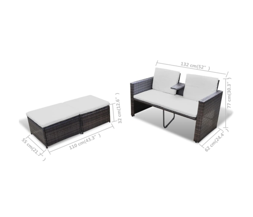 Set muebles de jardín 4 piezas y cojines ratán sintético marrón