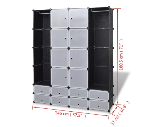 vidaXl Armario modular 18 compartimentos negro y blanco 37x146x180,5cm