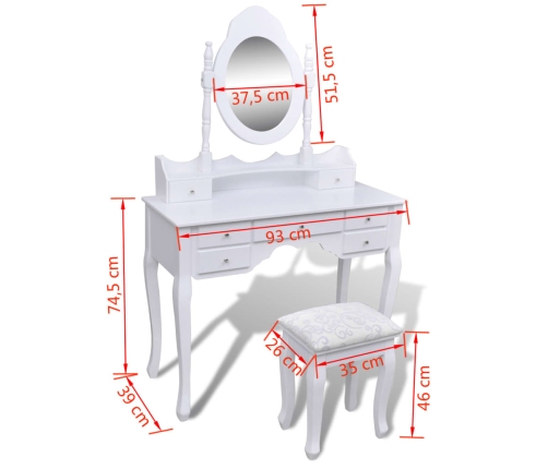 Tocador con espejo y taburete 7 cajones blanco