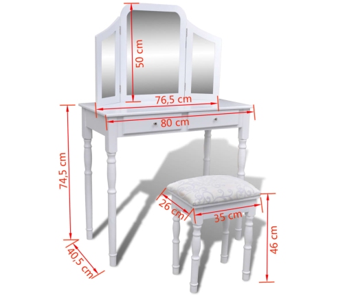 Tocador con espejo 3 en 1 taburete y 2 cajones blanco