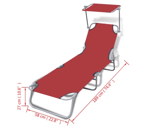 vidaXL Tumbona plegable con capota acero y tela roja