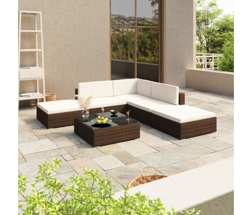 Set muebles de jardín 6 piezas y cojines ratán sintético marrón