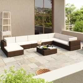 Set muebles de jardín 8 piezas y cojines ratán sintético marrón