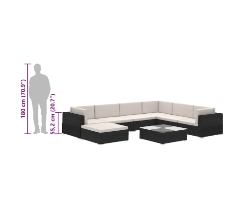 Set muebles de jardín 8 piezas y cojines ratán sintético negro