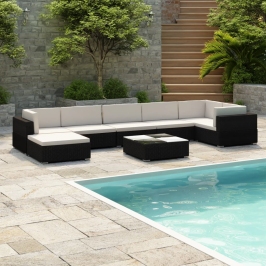Set muebles de jardín 8 piezas y cojines ratán sintético negro
