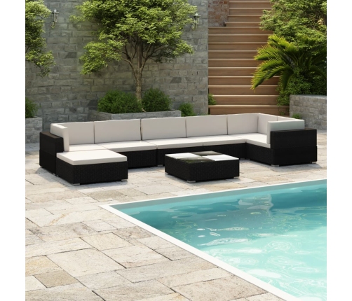 Set muebles de jardín 8 piezas y cojines ratán sintético negro