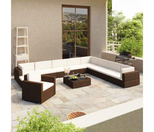 Set muebles de jardín y cojines 12 pzas ratán sintético marrón