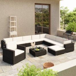 Set muebles de jardín 12 pzas y cojines ratán sintético negro
