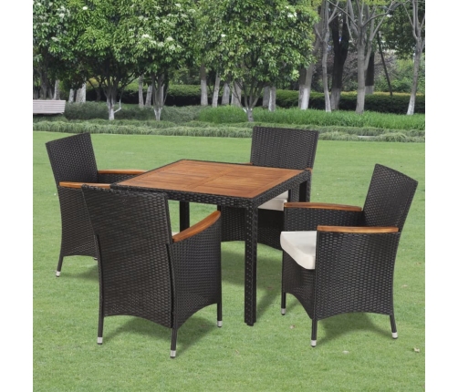 Set comedor de jardín 5 piezas y cojines ratán sintético negro