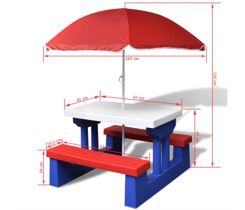 Mesa de picnic y bancos para niños y sombrilla multicolor