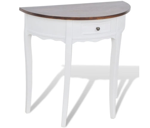 vidaXL Mesa consola semicircular con cajón blanca y superficie marrón