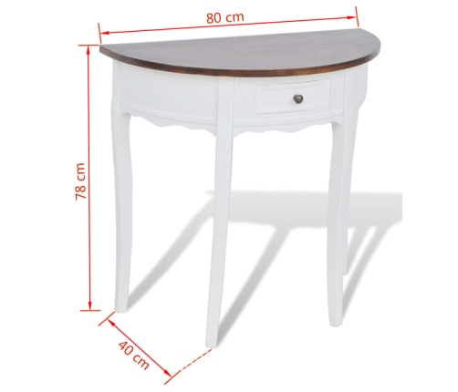 vidaXL Mesa consola semicircular con cajón blanca y superficie marrón