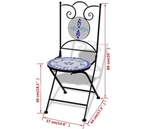 vidaXL Sillas de jardín bistró plegables 2 uds cerámica azul y blanco