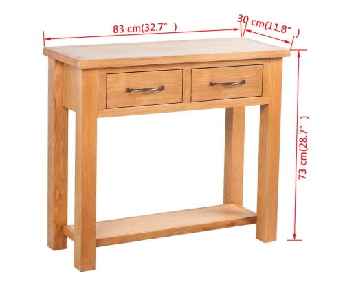 vidaXL Mesa consola con 2 cajones madera maciza de roble 83x30x73 cm