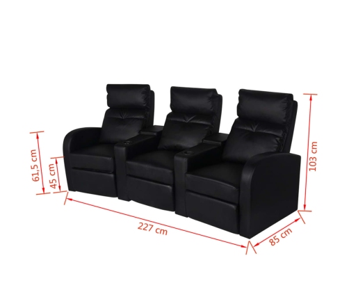 Sillón reclinable de 3 plazas de cuero artificial negro