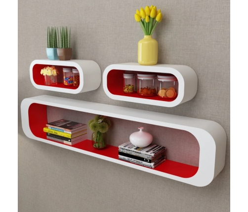 Estantes flotantes pared 3 pzas libros/DVD MDF blanco rojo