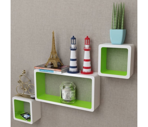 vidaXL Estantes flotantes pared 3 pzas libros/DVD MDF blanco verde