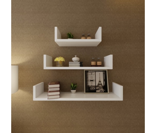 vidaXL Estantes flotantes pared 3 pzas MDF blanco forma U libros/DVD