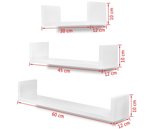 vidaXL Estantes flotantes pared 3 pzas MDF blanco forma U libros/DVD