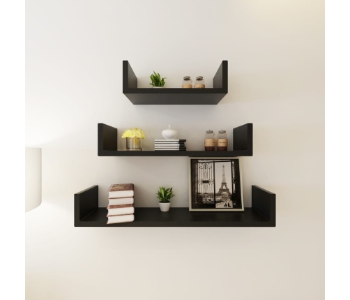 Estantes flotantes pared 3 pzas MDF negro forma U libros/DVD