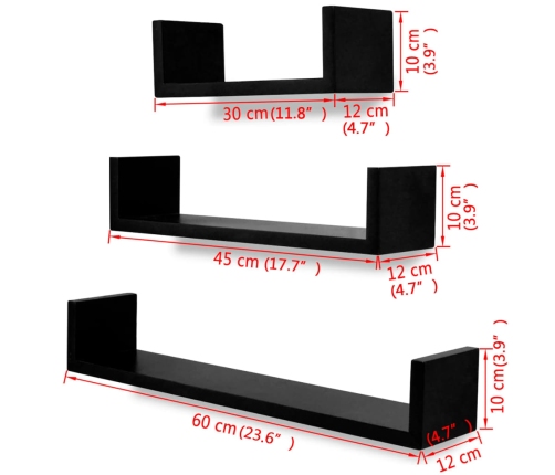 Estantes flotantes pared 3 pzas MDF negro forma U libros/DVD