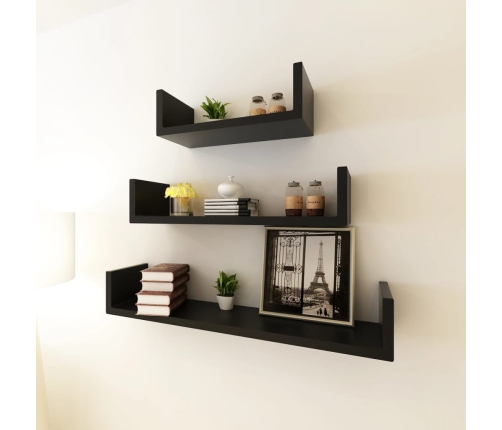 Estantes flotantes pared 3 pzas MDF negro forma U libros/DVD