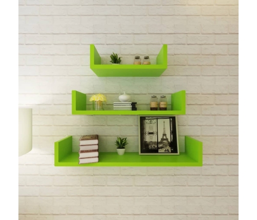 Estantes flotantes pared 3 pzas MDF verde forma U libros/DVD