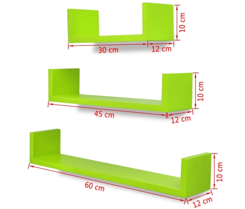 Estantes flotantes pared 3 pzas MDF verde forma U libros/DVD