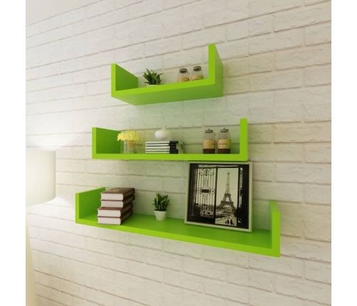 Estantes flotantes pared 3 pzas MDF verde forma U libros/DVD