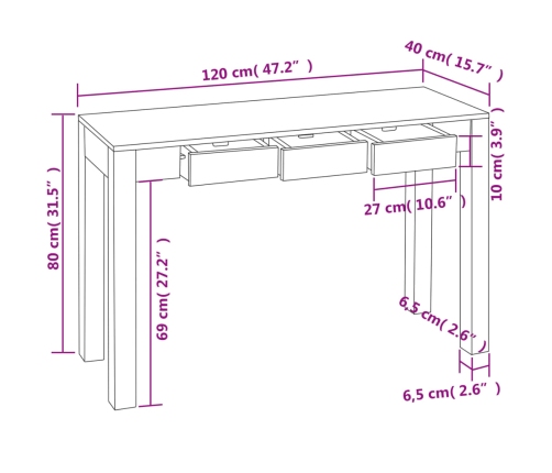 Mesa consola con 3 cajones madera maciza Sheesham 80 cm