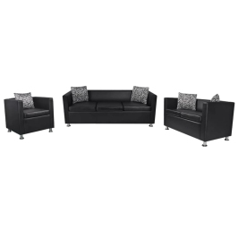 Conjunto de sofás de 2 y 3 plazas y sillón de cuero artificial negro