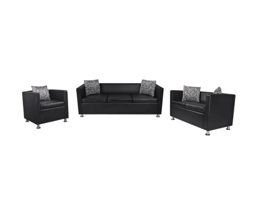 vidaXL Conjunto de sofás de 2 y 3 plazas y sillón de cuero artificial negro