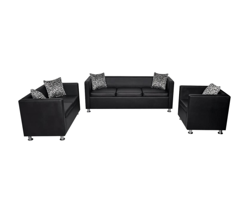 vidaXL Conjunto de sofás de 2 y 3 plazas y sillón de cuero artificial negro