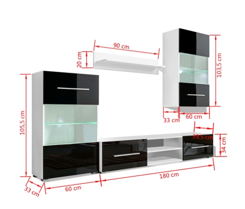 Vitrina de pared de TV iluminación LED 4 pzas negro alto brillo