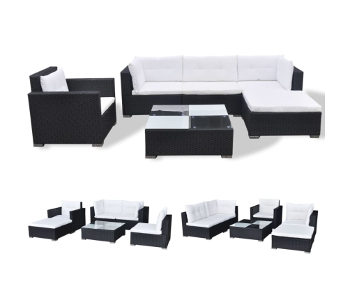 Set muebles de jardín 6 piezas y cojines ratán sintético negro