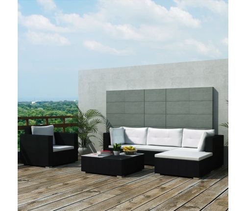 Set muebles de jardín 6 piezas y cojines ratán sintético negro