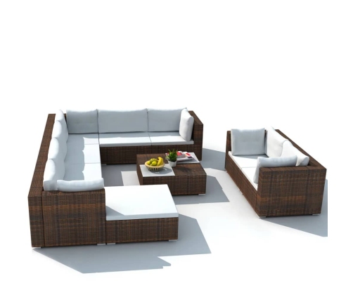 Set muebles de jardín 10 pzas y cojines ratán sintético marrón