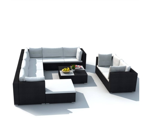 Set muebles de jardín 10 piezas y cojines ratán sintético negro
