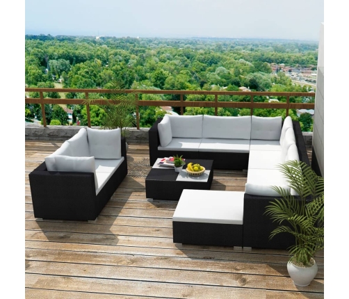 Set muebles de jardín 10 piezas y cojines ratán sintético negro