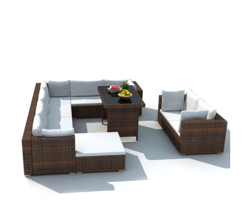 Set muebles de jardín 10 pzas y cojines ratán sintético marrón
